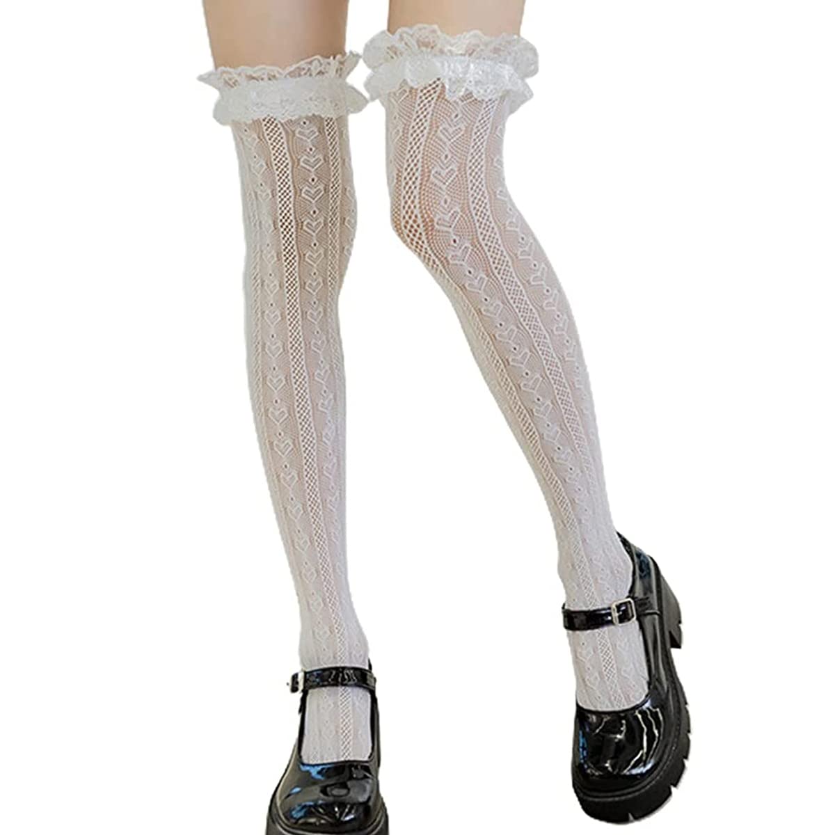 PALAY Lolita Lace Socks for Girls Teens Fishnet Over Knee High Socks Hollow Out Stockings Long Loose Socks for Mary Jane Shoes, Lolita Dress, Uniforms (1 Pair, White) PALAY Lolita Lace Socks for Girls Teens Fishnet Over Knee High Socks Hollow Out Stockings Long Loose Socks for Mary Jane Shoes, Lolita Dress, Uniforms (1 Pair, White)